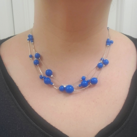 Blue beaded multiple strand chain necklace layered look - Picture 2 of 5